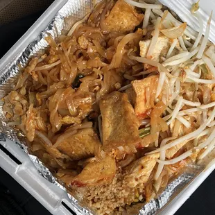 Pad Thai with chicken and tofu -delivered via Door Dash- a little bland, but after I added lime &amp; sriracha, improved its taste