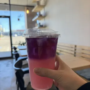 Butterfly Pea lemon tea; very tangy and has a strong lemon flavor; also very cute