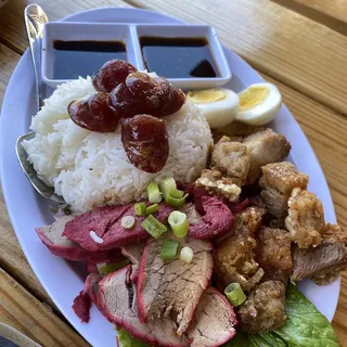 Khao Moo Krob MooDang (Red BBQ Pork Crispy Pork over rice)