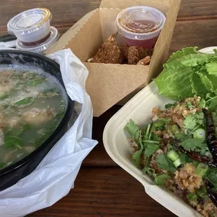 Khao piek, nam khao &amp; coconut shrimp