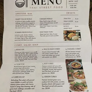 a menu for a thai street food restaurant