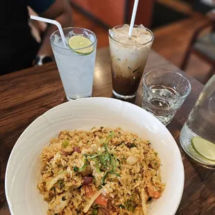 Tom yum fried rice, Thai Coffee and Thai Limeade.