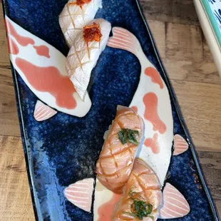 Salmon Belly Nigiri and Hamachi Nigiri