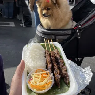 Cambodian Beef skewers, sticky rice and vegetables