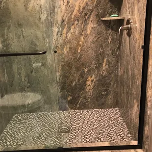 GRANITE SHOWER WALLS &amp; TILE FLOOR