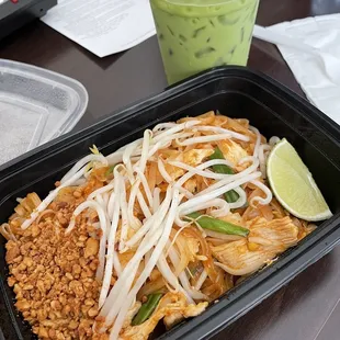 a tray of food and a drink
