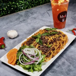 Basil beef Spaghetti + Fruit Tea Combo for $14.99