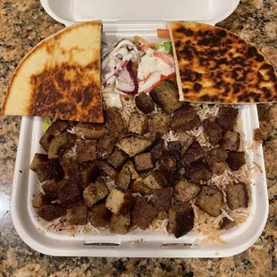 Beef &amp; Lamb Plate over rice with Greek salad and bread