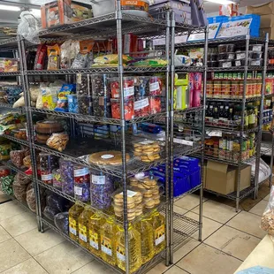 a variety of food items on shelves