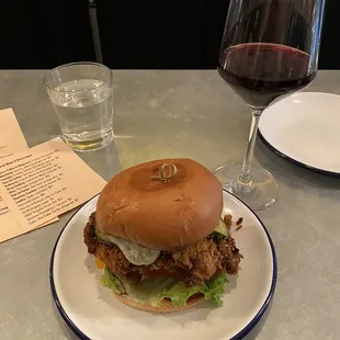 Chicken sandwich and wine