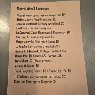 Drinks menu