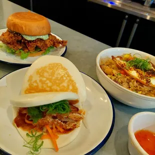 Fried Chicken Sandwich, Pork Belly Bao, Fried Rice