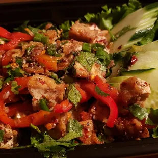 Larb ($11.50), made vegan w/tofu &amp; no fish sauce or shrimp. Tasty &amp; spicy.