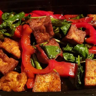 Pad bai horapa made vegan w/o fish sauce ($13.50). Tasty, but skimpy portion size.