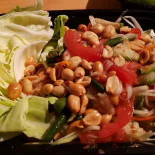 Som tum ($10.50), made vegan w/o shrimp, fish sauce. Pretty good. Fresh and light.