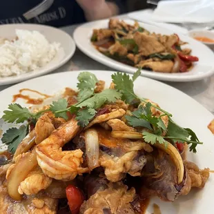 Ma KeaThrong Krueng - Crispy eggplant with chicken , shrimp in a roasted chili tomato sauce