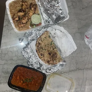 Chicken Boti, garlic naan, chicken tikka masala