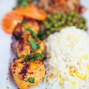 Free-Range Chicken Kabob with seasonal stew and white basmati rice