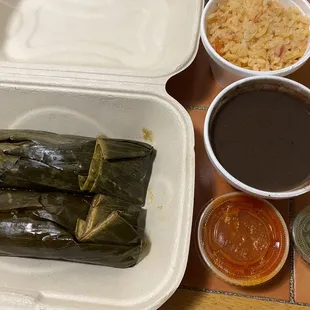 Tamal, beans, rice, salsa. Bueno!!