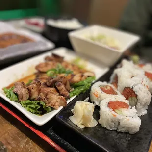 3 item Bento with chicken teriyaki, pork katsu, and a spicy tuna roll