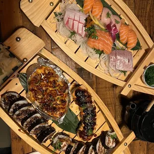 Sushi boat - we built our own with rolls and nigiri/sashimi that we wanted