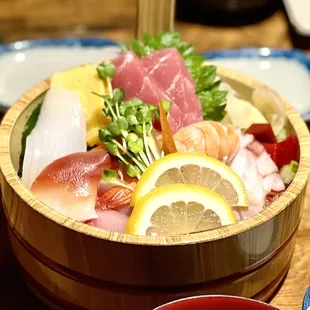 Chirashidon is an assortment of seafood over sushi rice. Comes with salad &amp; miso soup $19.95   4*