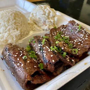 Kalbi Ribs Entree with Steamed Rice and Mac Salad