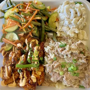 Da Mix ($17.25) Plate with Japolo Chicken and Kalua Pig &amp; Cabbage plus Mac Salad and upgrade of Stir Fry Vegetables ($2.95)
