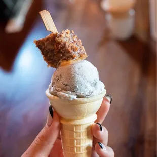 Black sesame ice cream, fried wagyu, wagyu oil caramel