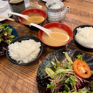 Salads, soups, rice that comes with the sets