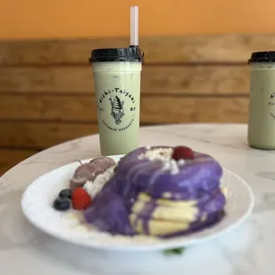 Matcha tea and ube pancakes