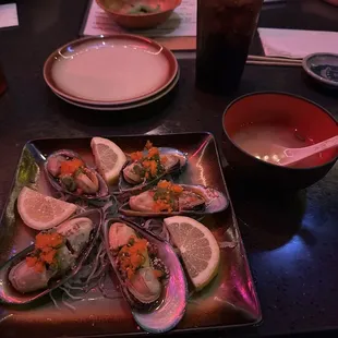 Muscles j style, sushi and baked lobster roll