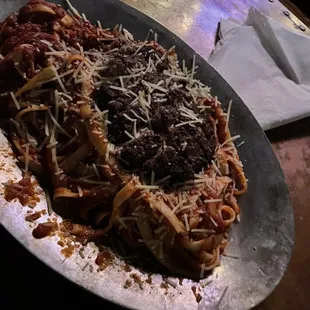 Linguini, marinara, and ground beef make your own pasta