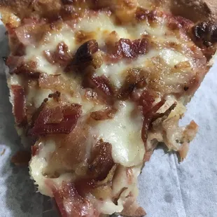Cheese pizza with bacon. Delish!