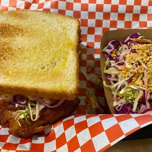 Chicken sandwich with Vietnamese slaw.