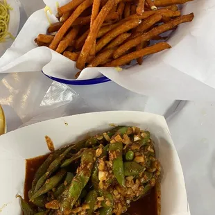 Sweet potato fries and Cajun edamame