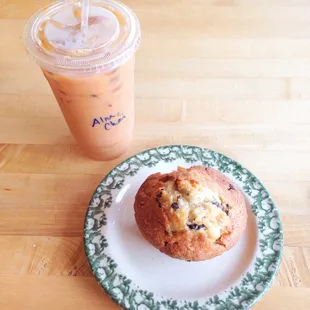 Iced Chai Tea with almond milk &amp; an orange chocolate coconut muffin.