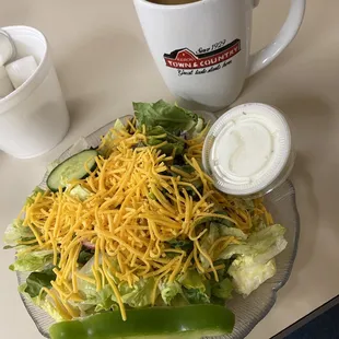 side salad with the country fried steak with ranch. simple and good! the coffee, i tasted the last pot made, but not too bad