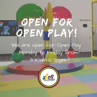 We are open for Open Play Monday to Friday from 9:30am-12:30pm !  All guests must wear socks. FREE WI-FI AND COFFEE.