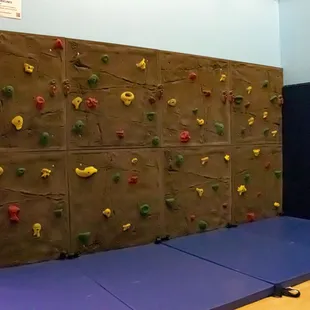 A hefty molded wall piece simulates textured stone with colorful pegs to create a vertical or horizontal climbing path.
