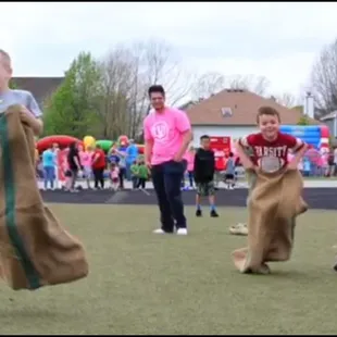 KidZone KC has a wide variety of games including potato sacks for old-school racing fun.