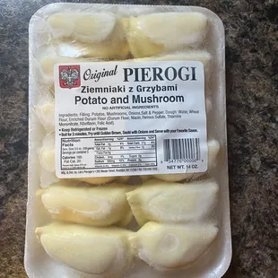 Frozen potato and mushroom pierogies. Other flavors also available. ($7.50, April, 2023).