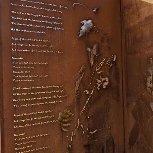 Metal is cut to give image of Stevie playing with lyrics to Tic Toc from Family Style also cut into plate steel