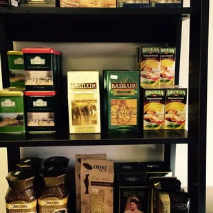 a shelf full of teas