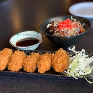 Kaki Fry (Breaded Oysters) and Takoyaki (Octopus Dumplings)