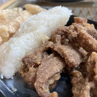 Left to right - pork rinds, sticky rice and fried pork (Thai style) - not really easy to get all these from another Thai restaurant.