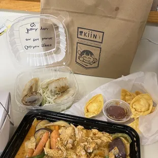 Panang Curry, Crab Rangoon and Chicken Gyoza