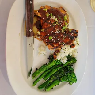 Huli huli chicken, roasted broccolini, herbed rice.