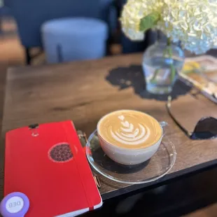 Lavender latte, at the low sofa along the wall. Comfy and convenient, our pups hung out under the table.