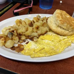 Eggs, potatoes and biscuit.
